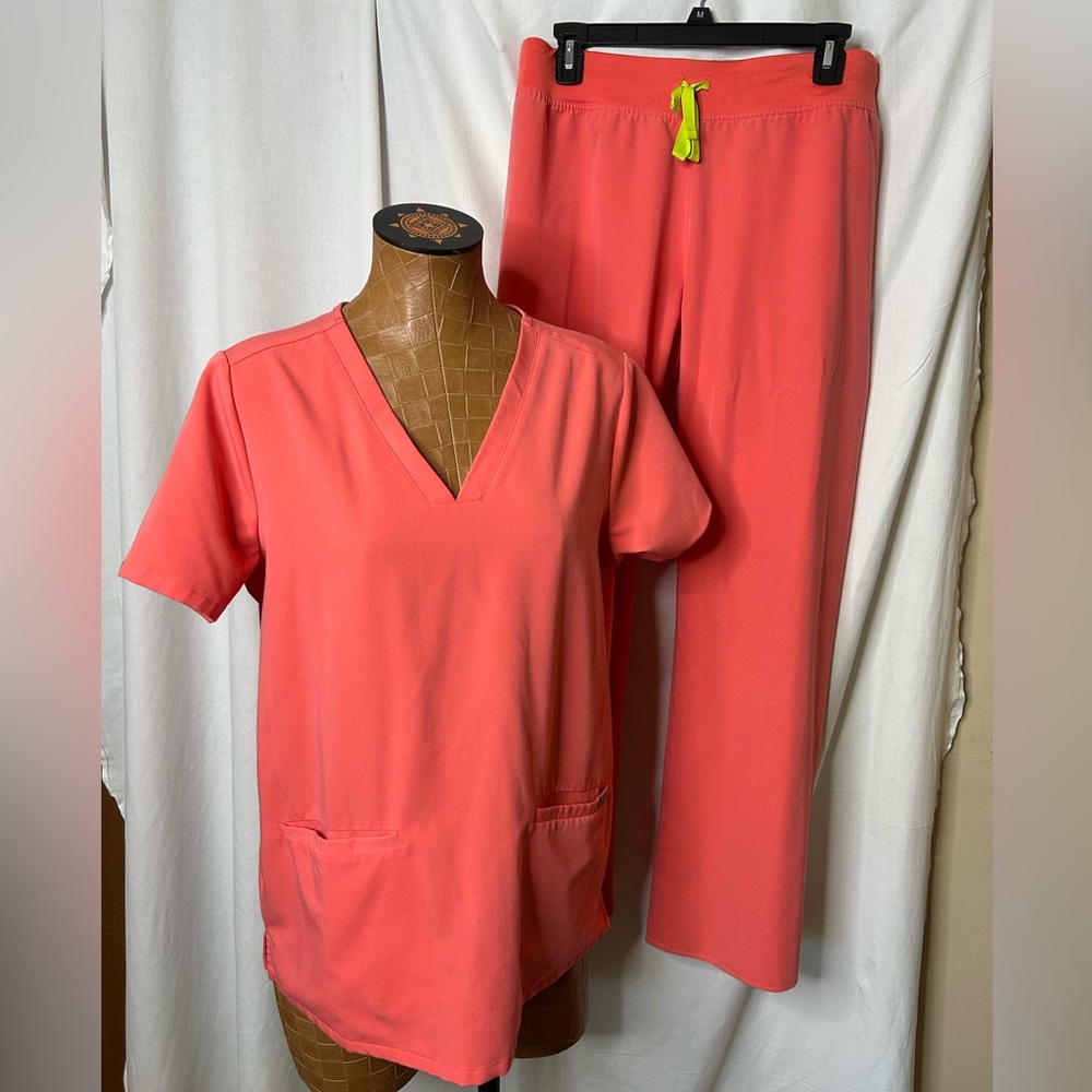 Figs Coral Pink Scrub Top and Drawstring Pants with Neon Yellow Tie